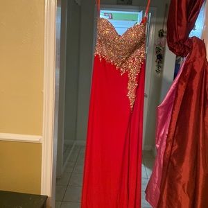 A bright red silk dress
